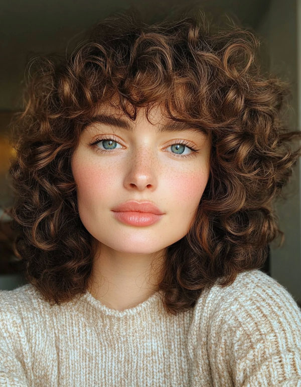 Warm Chocolate Curls with Soft Layered Fringe, hair colour ideas, brown hair, brunette hair colour