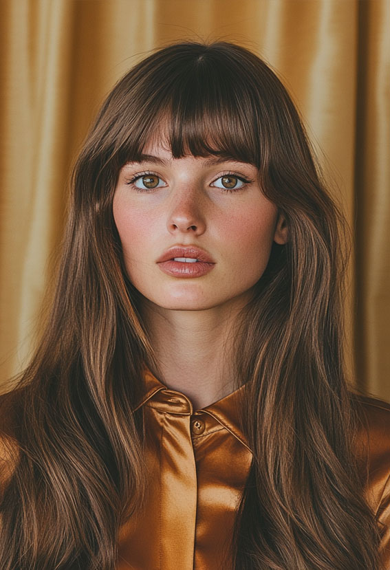 Effortless Chestnut Long Sleek Layers with Fringe, hair colour, Low Maintenance Hairstyle, brunette hair colour, Low-Maintenance Hairstyle, brunette hair colour, brown hair colour