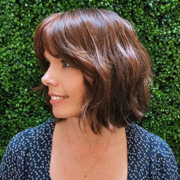 25 Chic Bob Hairstyles with Bangs to Suit Every Style : Brunette Bob with Soft Birkin Bangs