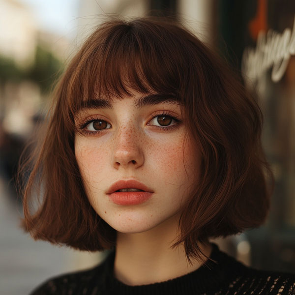 25 Chic Bob Hairstyles with Bangs to Suit Every Style : Chestnut French Bob with Baby Bangs