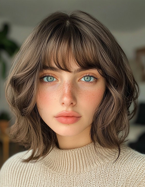 25 Chic Bob Hairstyles with Bangs to Suit Every Style : Tousled Bob with Bottleneck Bangs