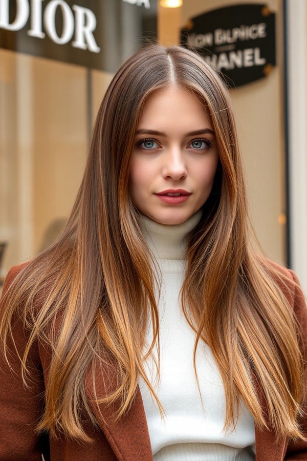 Golden Chestnut Straight Hairstyle, Low Maintenance Hairstyle, brunette hair colour, Low-Maintenance