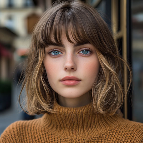 25 Chic Bob Hairstyles with Bangs to Suit Every Style : Soft Shaggy Bob with Bottleneck Bangs