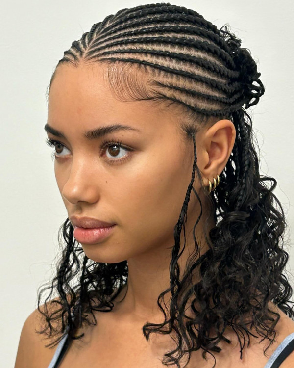 22 Gorgeous Fulani Braids With Curls for a Trendy Look : Shoulder Length Half-Up with Loose Curls