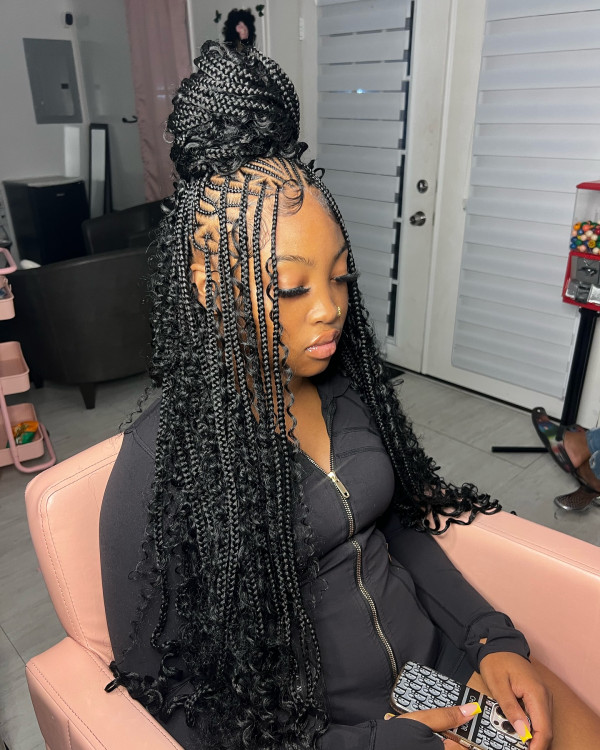 22 Gorgeous Fulani Braids With Curls for a Trendy Look : Flip-Over Fulani Braids with a Top Knot