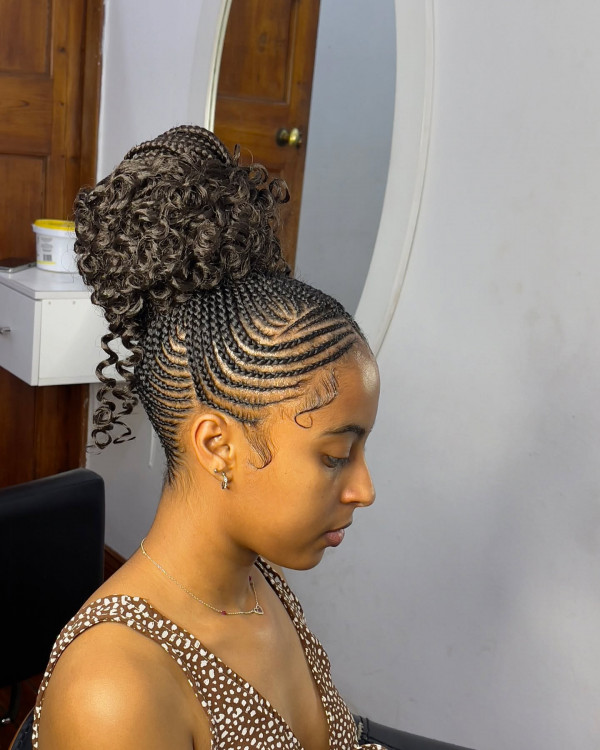 22 Gorgeous Fulani Braids With Curls for a Trendy Look : High Bun Elegance with Braided Detail