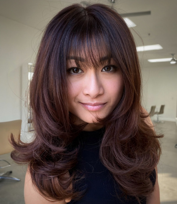 Chestnut Auburn Layers with Curtain Bangs