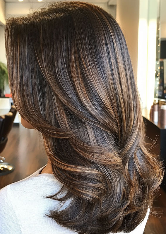 Glossy Cappuccino Brunette Layers, cappuccino brunette hair colour, cappuccino hair colour, cappuccino balayage