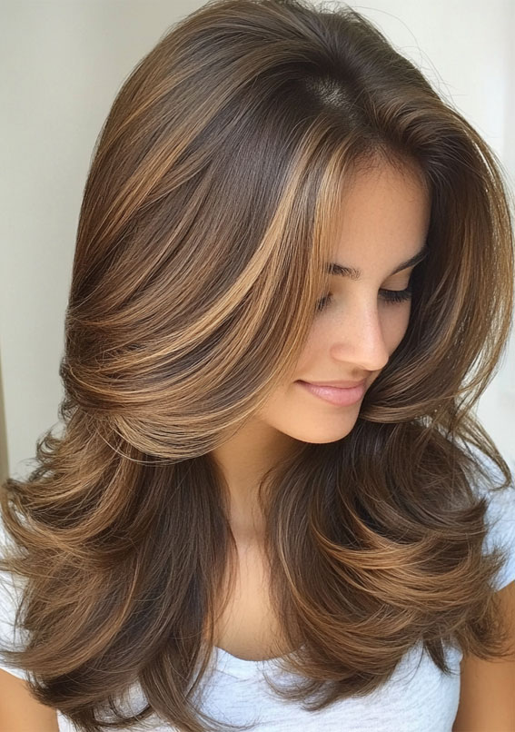 32 Hot Cappuccino Brunette Hair Colour Ideas : Golden Cappuccino Butterfly Layers