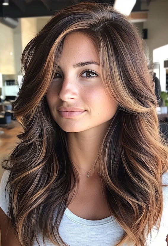 Caramel-Drizzled Chocolate Long Layers, cappuccino brunette hair colour, cappuccino hair colour, cappuccino balayage