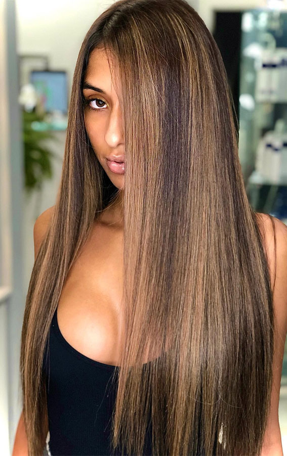 32 Hot Cappuccino Brunette Hair Colour Ideas : Sleek Long Hair with Caramel Balayage