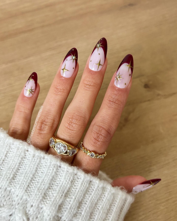 30 Elegant Christmas Nail Designs : Burgundy Tip Celestial-Inspired Nails