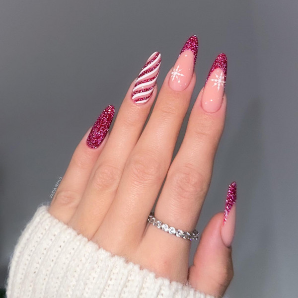 30 Elegant Christmas Nail Designs : Glitter Candy-Cane-Inspired Nails