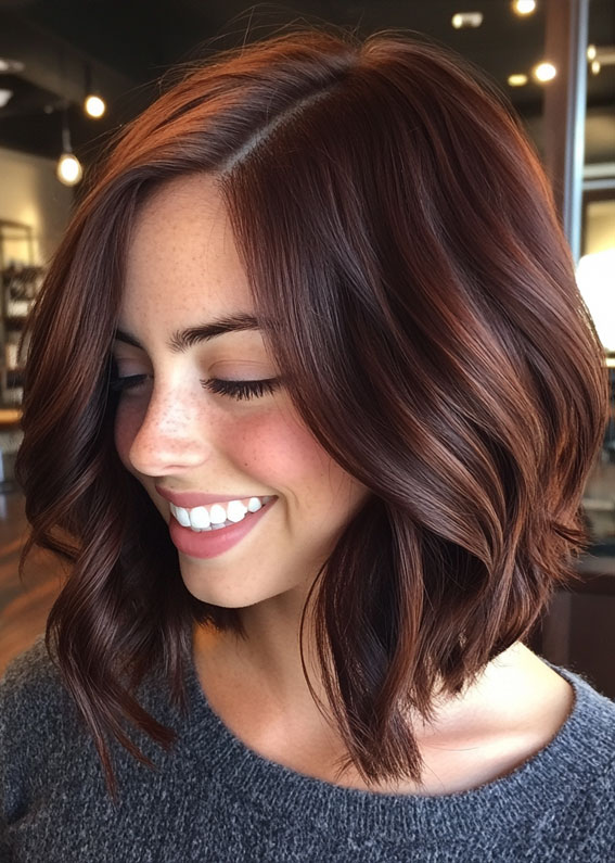 Rich Red Chocolate Bob, cappuccino brunette hair colour, cappuccino hair colour, cappuccino balayage