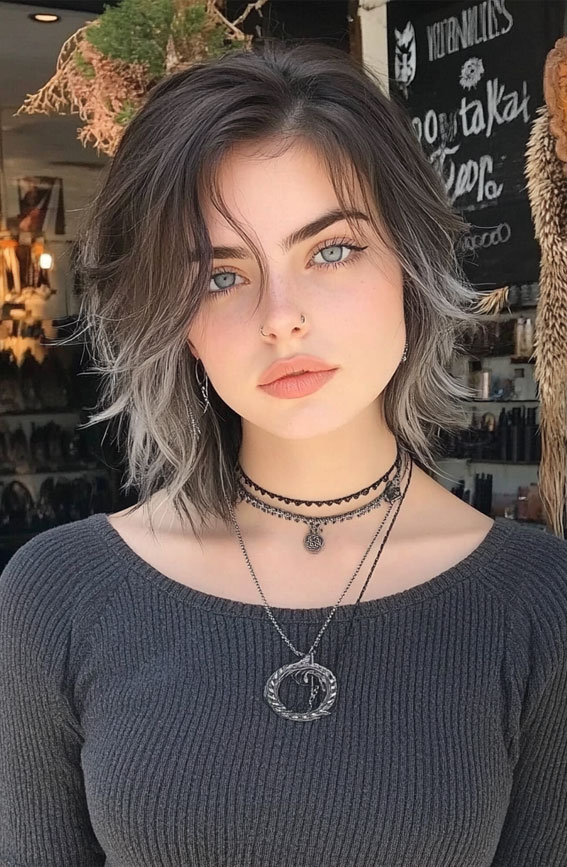 Ash Grey Ombre Wolf Cut, Edgy Bob Wolf Cut, wolf haircut, wolf haircut short hair, wolf haircut with bangs, layered wolf haircut, shag wolf haircut