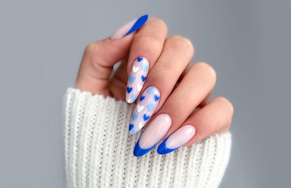 Blue Heart & Blue French Tip Valentine’s Day Nails