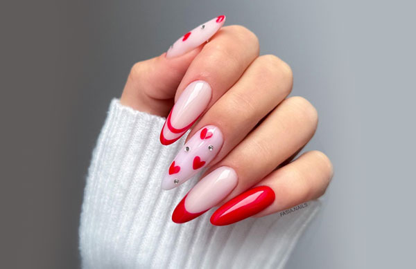 Romance Red Hearts & Red Double French Tip Valentine's Day Nails,  Valentine's Day Nails with Red Heart, Valentine's day nails simple, Valentine's nails 2024, Valentine's day nails short, Cute valentine's day nails, Valentine's day nails acrylic, Valentine nails design