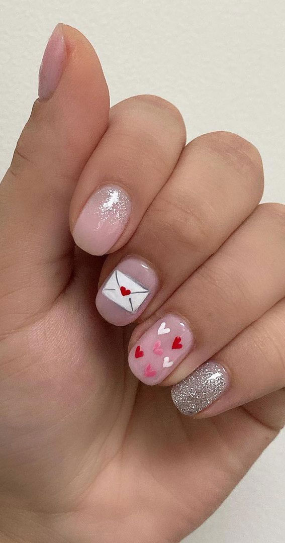 Love Letter Charm Valentine’s Day Nails : Short Nails