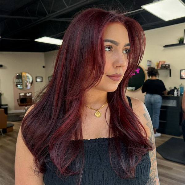 25 Rich Cherry Hair Hues for a New Look : Rich Burgundy Long Layers with Face-Framing Highlights