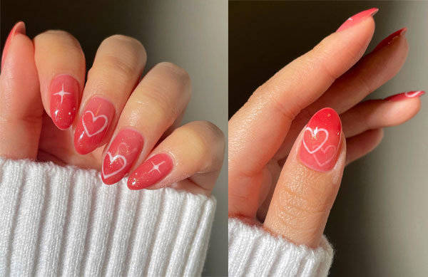 Glossy Shimmering Red Ombre with Heart Valentine's Day Nails, Valentine's day nails glitter, Valentine's nails 2024, Valentine's day nails short, Cute valentine's day nails, Valentine's day nails acrylic, Valentine nails design