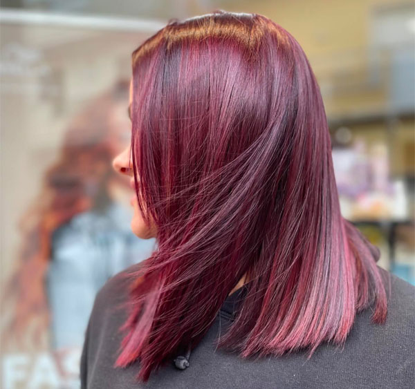 25 Rich Cherry Hair Hues for a New Look : Sleek Plum Burgundy Long Bob