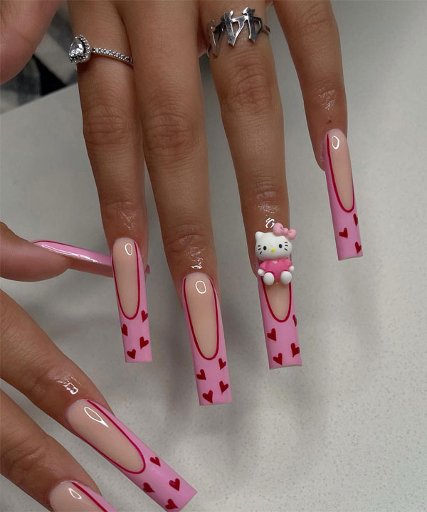 20 Hello Kitty Nails for Valentine’s Day : Long Coffin Pink French Tips with Hearts