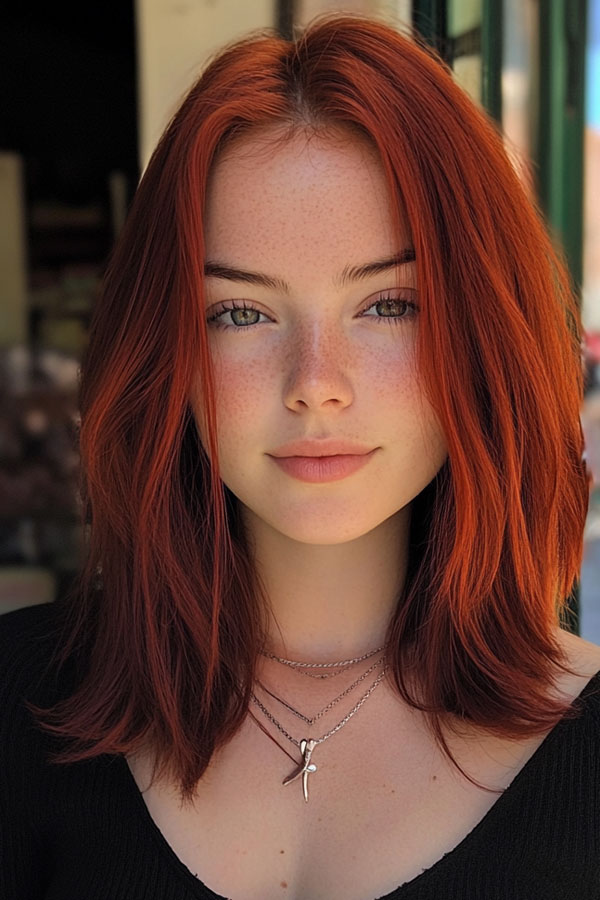 Fiery Copper Lob, Fiery Red Long Bob, red hair colour, red hair colour ideas, red hair inspo, red hair colour inspiration, red hair colour on dark hair, red cherry hair colour