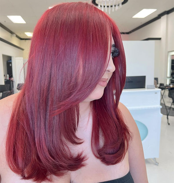 Radiant Raspberry Layers with Curtain Bangs, red hair colour, red hair colour ideas, red hair inspo, red hair colour inspiration