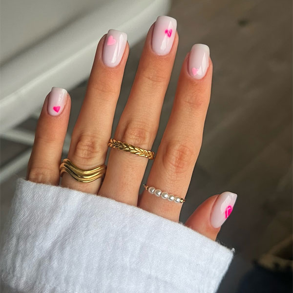 20 Minimalist Valentine’s Day Nail Designs : Square Nails with Pink Heart Accents