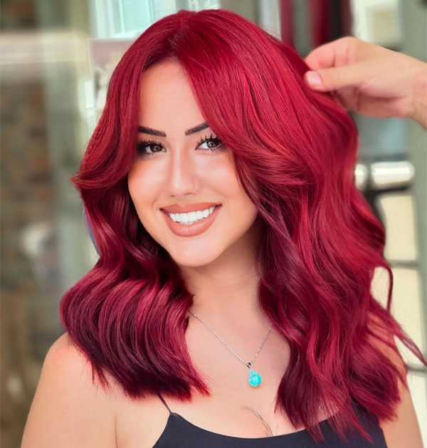 Fiery Red Wavy Shoulder-Length Hairstyle, red hair colour, red hair colour ideas, red hair inspo, red hair colour inspiration, red hair colour on dark hair, red cherry hair colour