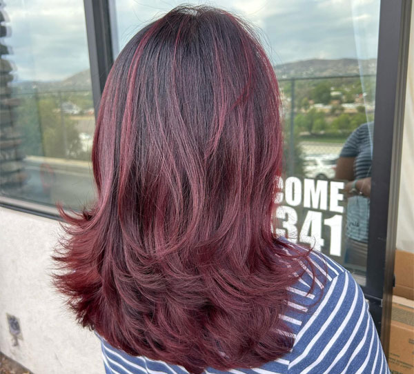 25 Rich Cherry Hair Hues for a New Look : Layered Cherry Plum with Feathered Ends