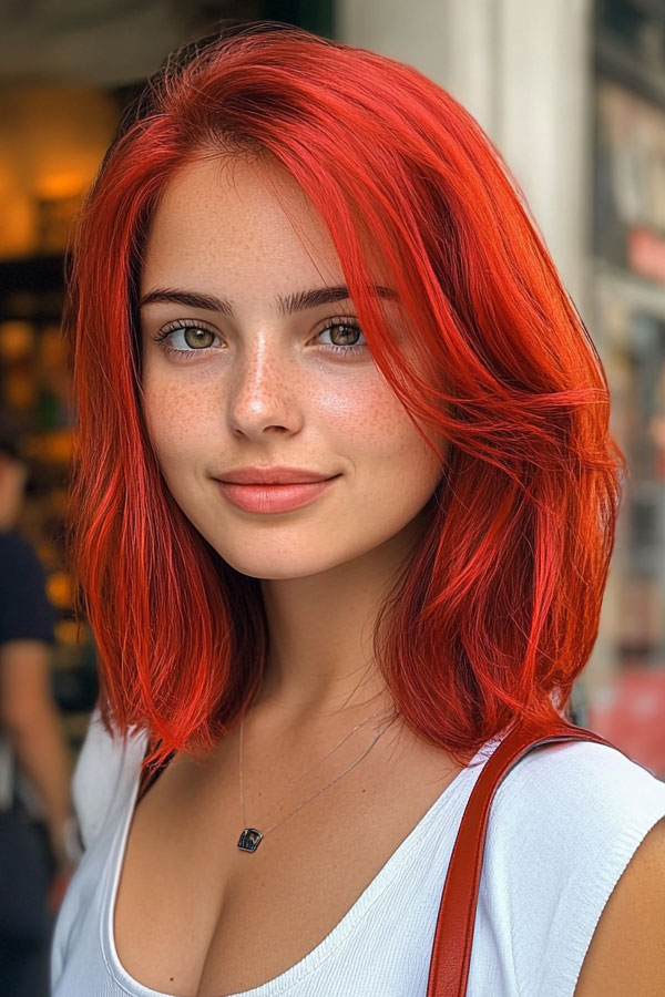 Fiery Red Long Bob, red hair colour, red hair colour ideas, red hair inspo, red hair colour inspiration, red hair colour on dark hair, red cherry hair colour