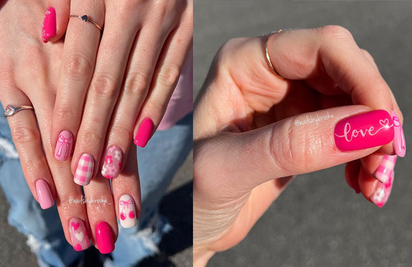 Mix of Pink Tones and Patterns Cute Valentine's Day Nails, Valentine's Day Nails, Valentine's day nails glitter, Valentine's nails 2024, Valentine's day nails short, Cute valentine's day nails, Valentine's day nails acrylic, Valentine nails design