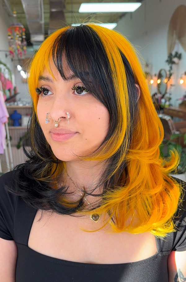 Marigold and Midnight Split-Tone Layers, Radiant Marigold Hair Colour Ideas, warm marigold hair colour, yellow hair colour, orange hair colour, warm tone hair colour