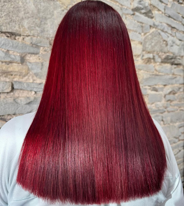 23 Juicy Cherry Hair Colour Shades : Intense Cherry Sleek Log Straight Cut with Vibrant Red Gradient