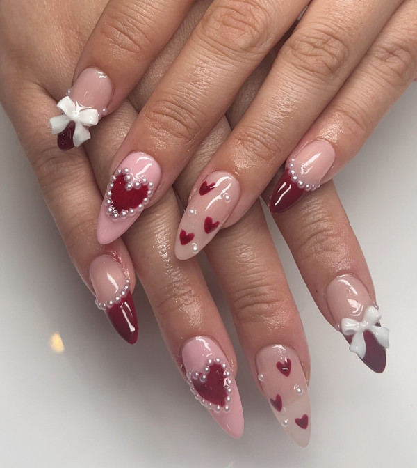 Romantic Bows, Hearts and Pearls Valentine’s Day Nails