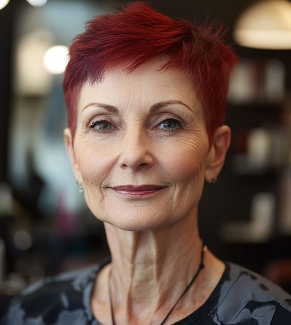 Fiery Pixie Cut, thin hair older short hairstyles for fine hair over 60, low-maintenance hairstyles for seniors with thin hair, Thin hair older short hairstyles for fine hair over 60 straight, Wash and wear haircuts for over 60 with thin hair, fine haircut for women over 60