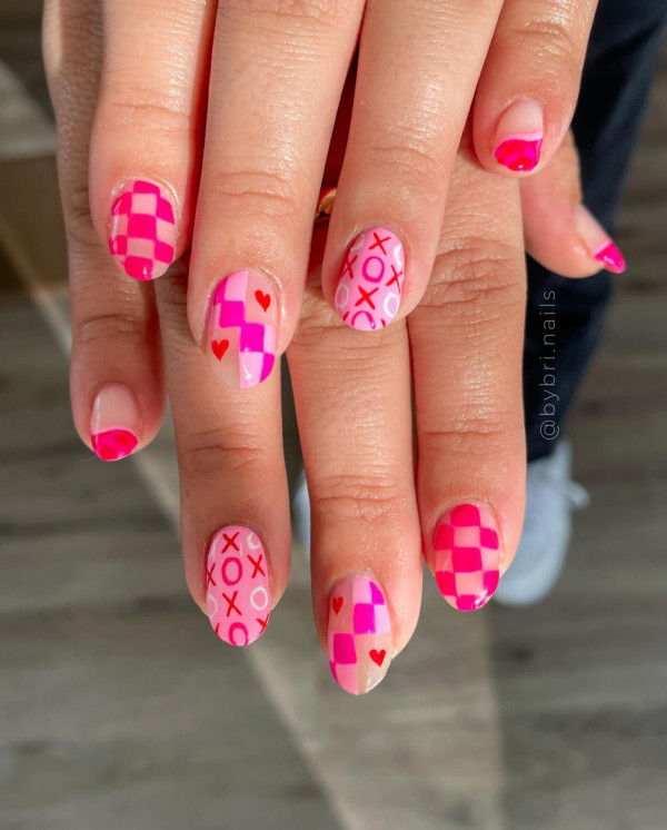 Vibrant Pink Playful Pattern Valentine’s Day Nails