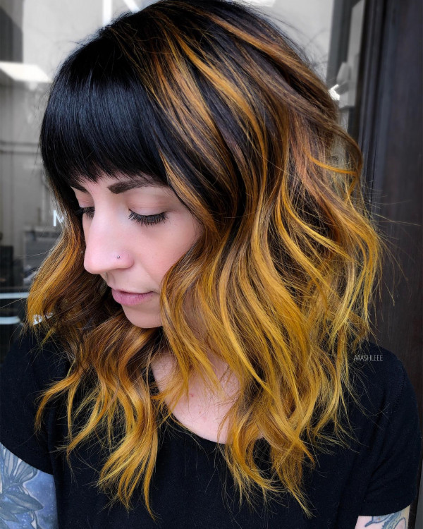 20 Radiant Marigold Hair Colour Ideas : Marigold Highlights with Midnight Fringe