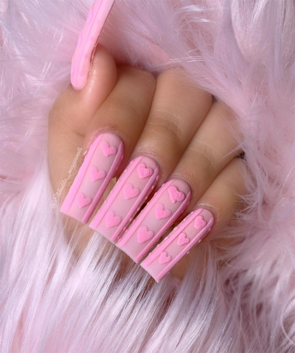 15 Cute Pink Heart Nails : Coffin-Shaped Matte Pink Love Heart Nails