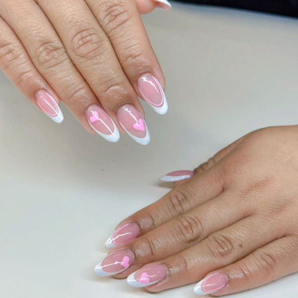 15 Cute Pink Heart Nails : Classy French Manicure with A Light Pink Love Heart Each Nail 