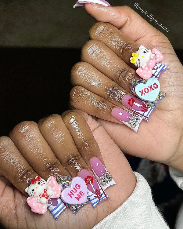 Mix of 3D Charms XOXO, Hug Me, Hello Kitty Valentine's Day Nails, Hello Kitty nails, Hello Kitty nails acrylic, Cute Hello Kitty nails, Hello Kitty Valentine's day nails, Hello-Kitty Inspired nail art