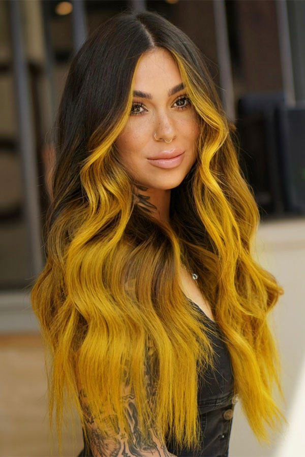 Golden Marigold Ombré Wavy Long Hairstyle, Radiant Marigold Hair Colour Ideas, warm marigold hair colour, yellow hair colour, orange hair colour, warm tone hair colour