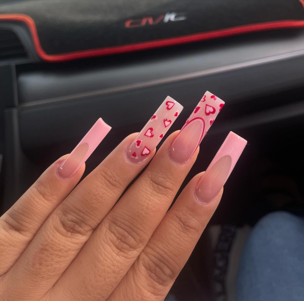 40 Charming Love Heart Accent Nail Ideas : Pink Acrylic French Tip Square Nails