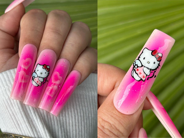 Pink Ombre Hello Kitty Nails with Subtle Hearts