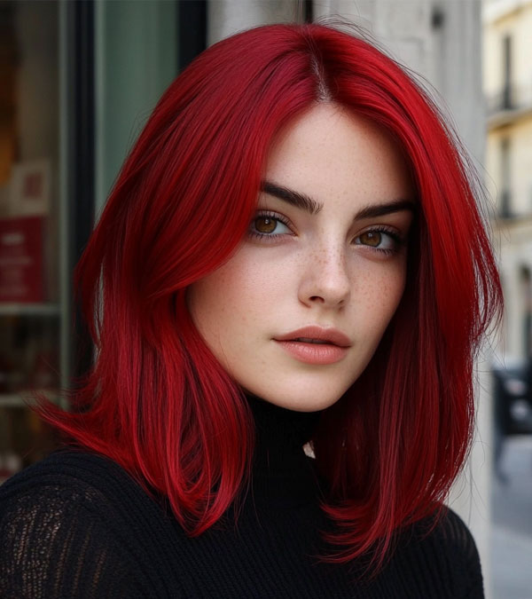 25 Red Hair Colour Ideas for a New Look: Vibrant Scarlet Long Bob with Soft Layers