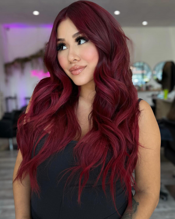 Ruby Voluminous Waves for Glamorous Appeal, red hair colour, red hair colour ideas, red hair inspo, red hair colour inspiration, red hair colour on dark hair, red cherry hair colour