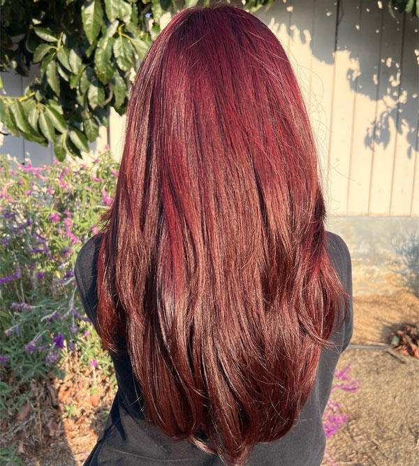 Sunlit Cherry Long Layers, cherry hair colour, cherry hair colour on dark hair