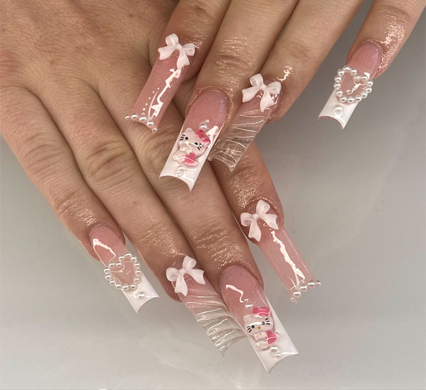 Hello Kitty Nails for Valentine's Day : Chic Bow Sheer Acrylic Nails, Sheer Tip Coffin-Shaped Nails with Hello Kitty Charm, Long Coffin French Tips with Hearts, Hello Kitty nails, Hello Kitty nails acrylic, Cute Hello Kitty nails, Hello Kitty Valentine's day nails, Hello-Kitty Inspired nail art