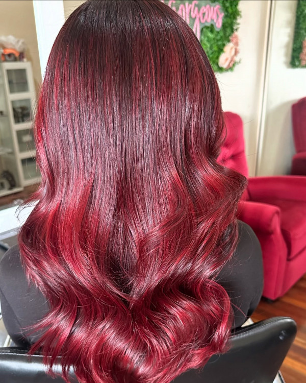 25 Red Hair Colour Ideas for a New Look: Glossy Black Deep Cherry Long Loose Waves